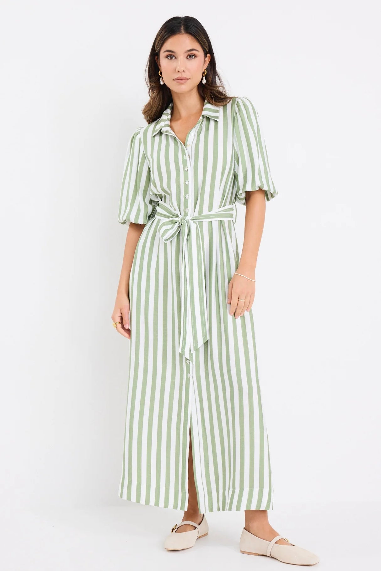By Rosa Kindred Moss Stripe Puff Sleeve Midi Shirt Dress