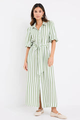 By Rosa Kindred Moss Stripe Puff Sleeve Midi Shirt Dress