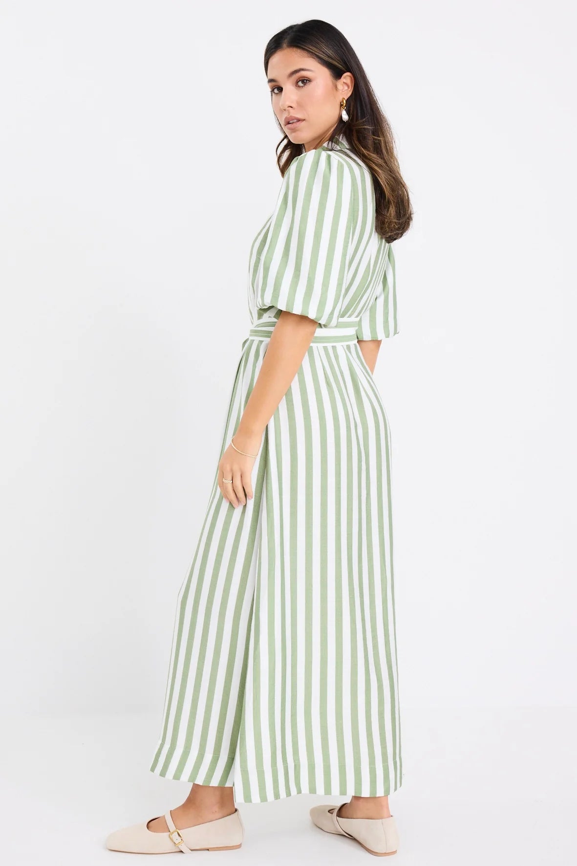 By Rosa Kindred Moss Stripe Puff Sleeve Midi Shirt Dress