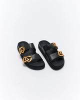 Walnut Ladies Meadow Leather Slides - Black