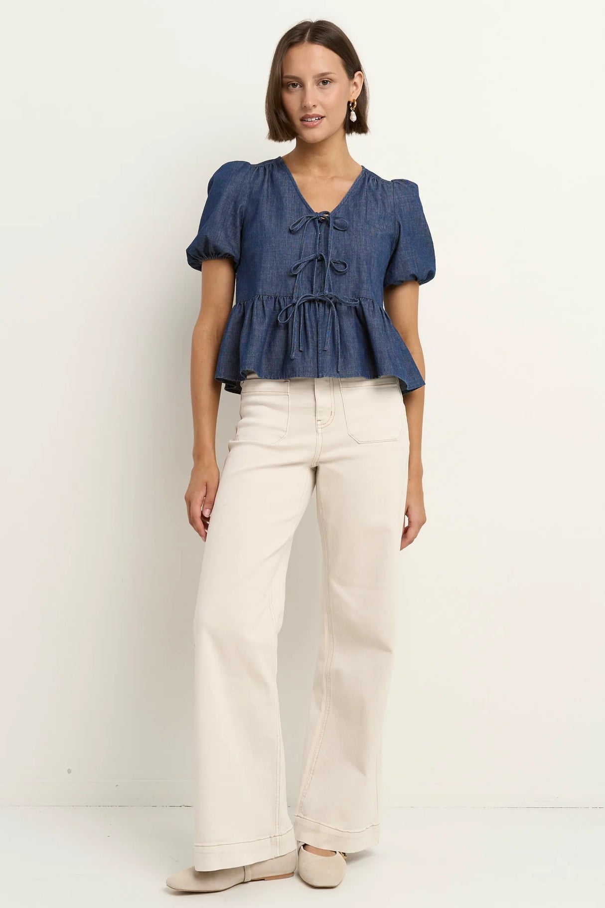 Flo & Frankie Ladies Restore Storm Blue Chambray Tie Front Peplum Short Sleeve Top