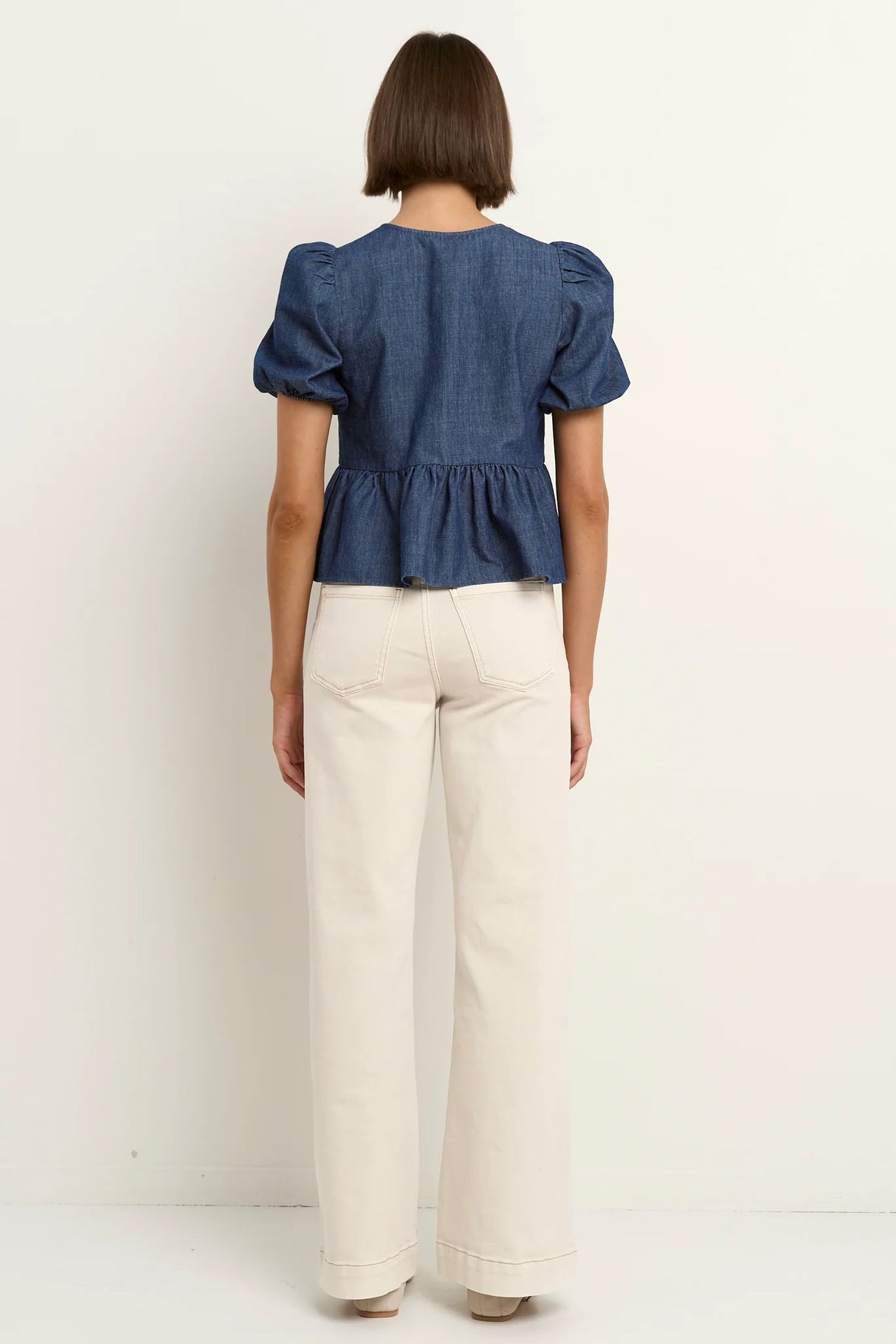 Flo & Frankie Ladies Restore Storm Blue Chambray Tie Front Peplum Short Sleeve Top