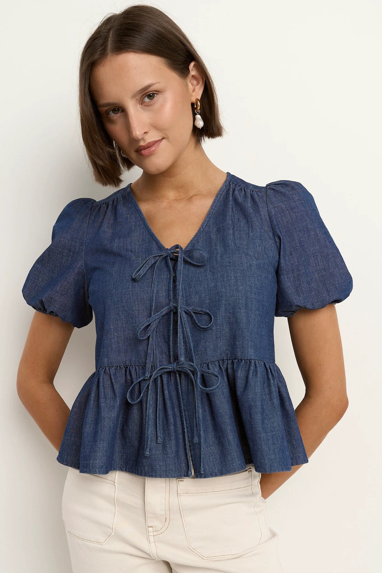 Flo & Frankie Ladies Restore Storm Blue Chambray Tie Front Peplum Short Sleeve Top