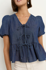 Flo & Frankie Ladies Restore Storm Blue Chambray Tie Front Peplum Short Sleeve Top