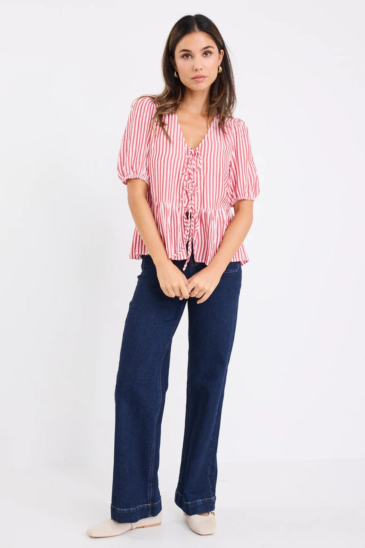 Flo & Frankie Ladies Restore Red Stripe Tie Front Peplum Short Sleeve Top