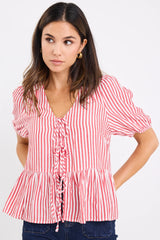 Flo & Frankie Ladies Restore Red Stripe Tie Front Peplum Short Sleeve Top