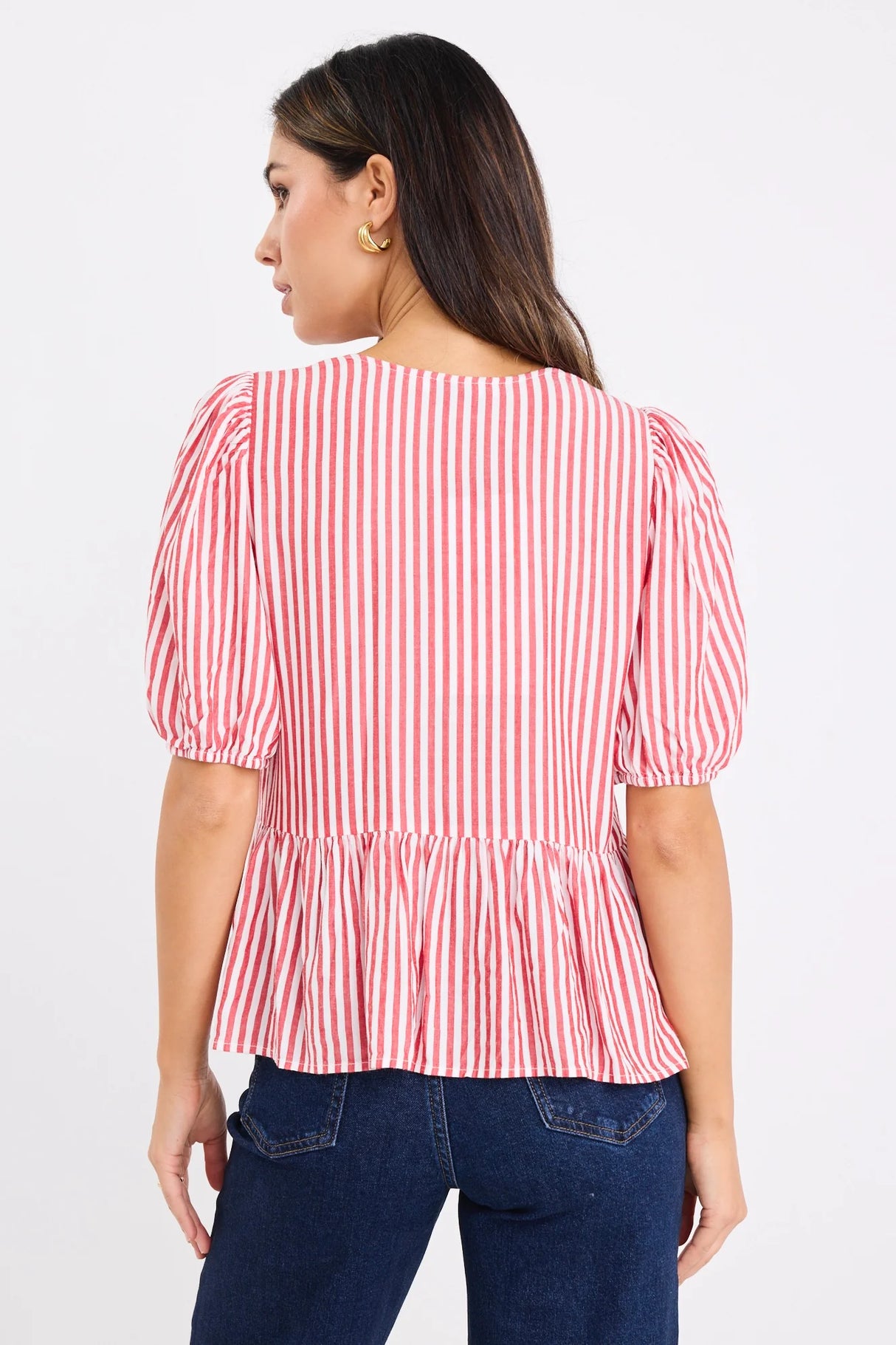 Flo & Frankie Ladies Restore Red Stripe Tie Front Peplum Short Sleeve Top