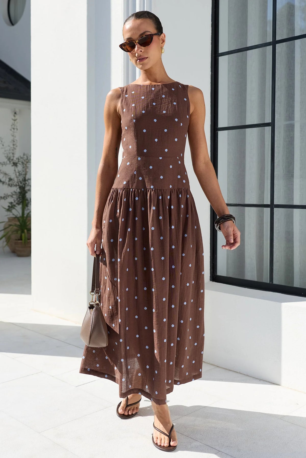 Stories Be Told Results Blue Mocha Polka Dot Shirred Back Sleeveless Maxi Dress