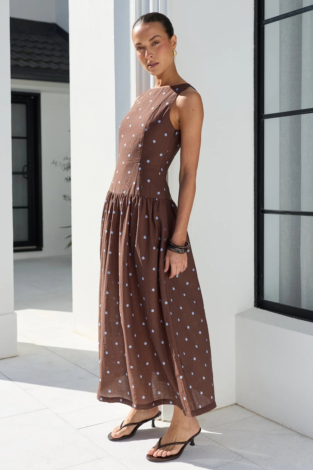 Stories Be Told Results Blue Mocha Polka Dot Shirred Back Sleeveless Maxi Dress