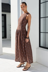 Stories Be Told Results Blue Mocha Polka Dot Shirred Back Sleeveless Maxi Dress