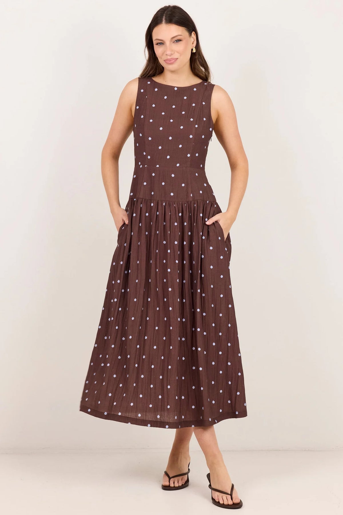 Stories Be Told Results Blue Mocha Polka Dot Shirred Back Sleeveless Maxi Dress