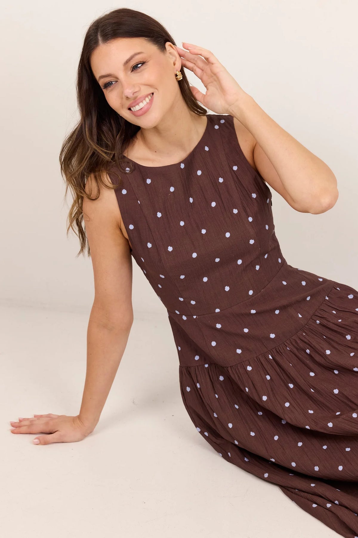 Stories Be Told Results Blue Mocha Polka Dot Shirred Back Sleeveless Maxi Dress