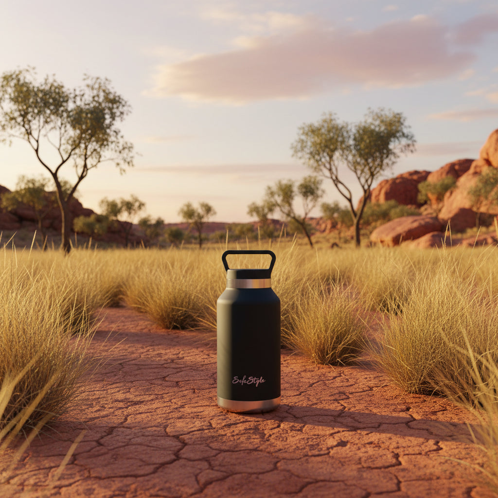 Black insulated bottle with handle on a white background