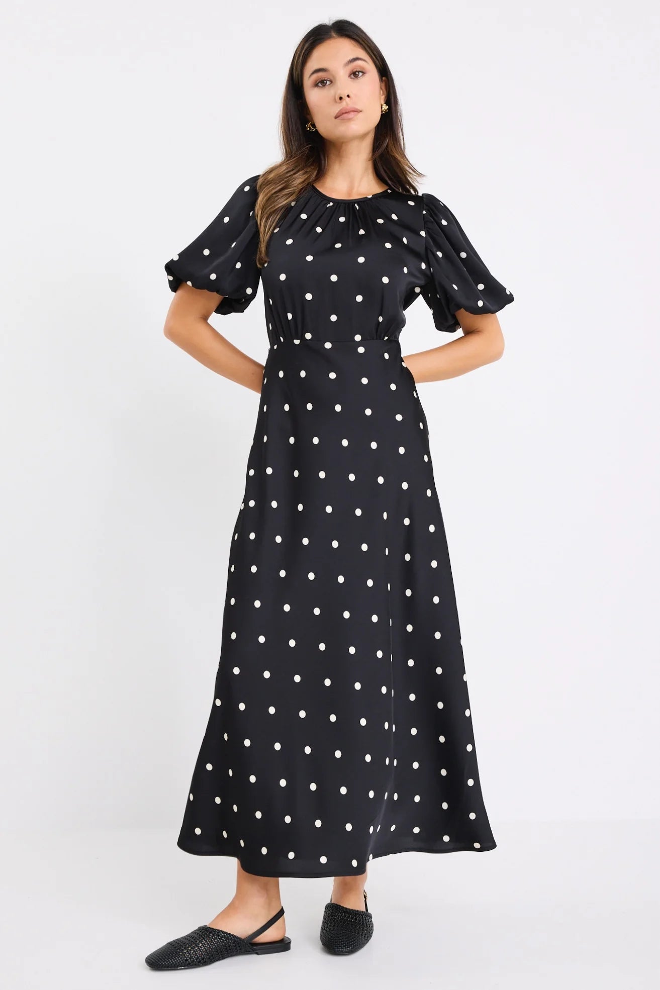 Flo & Frankie Ladies Stage Polka Dot Puff Sleeve Maxi Dress