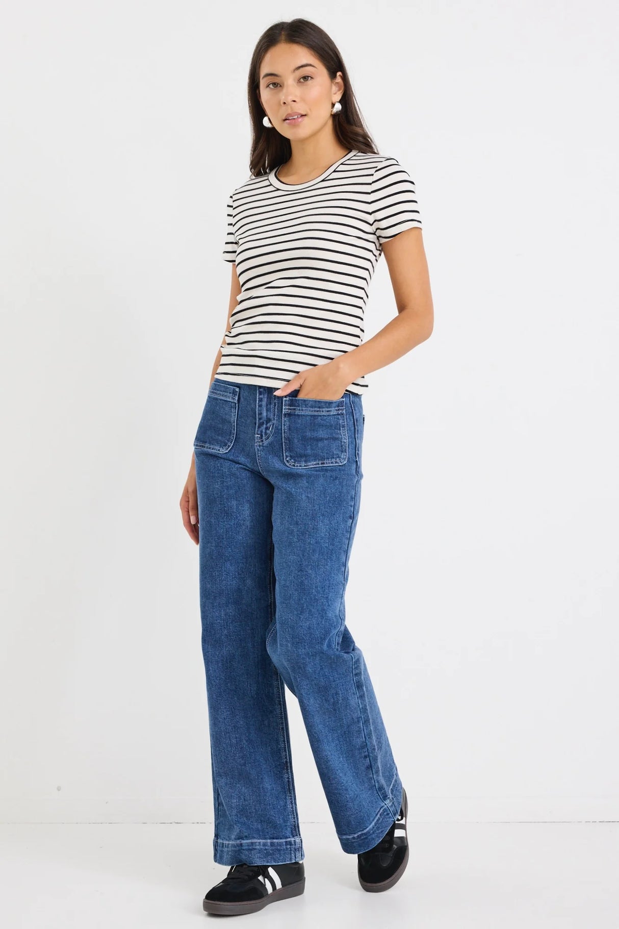 Flo & Frankie Study Black Ecru Stripe Rib Longer Baby Tee