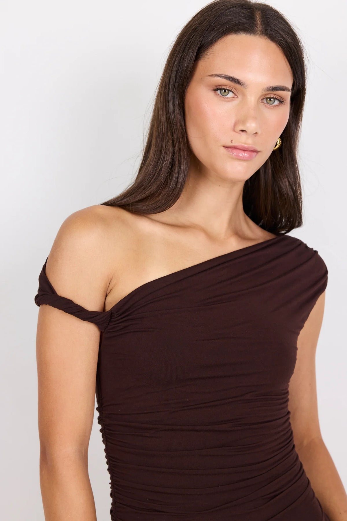 Georgia Zoe Vanguard Chocolate Off Shoulder Ruched Maxi Dress
