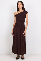 Georgia Zoe Vanguard Chocolate Off Shoulder Ruched Maxi Dress