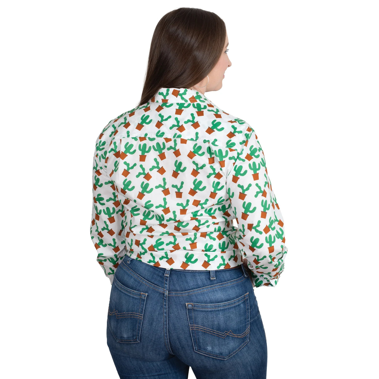 Just Country Ladies Abbey Full Button Print Work Shirt - White Potted Cactus