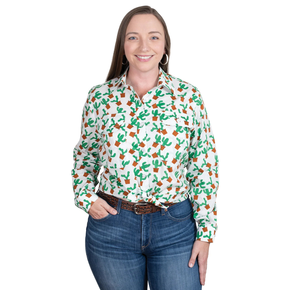 Just Country Ladies Abbey Full Button Print Work Shirt - White Potted Cactus