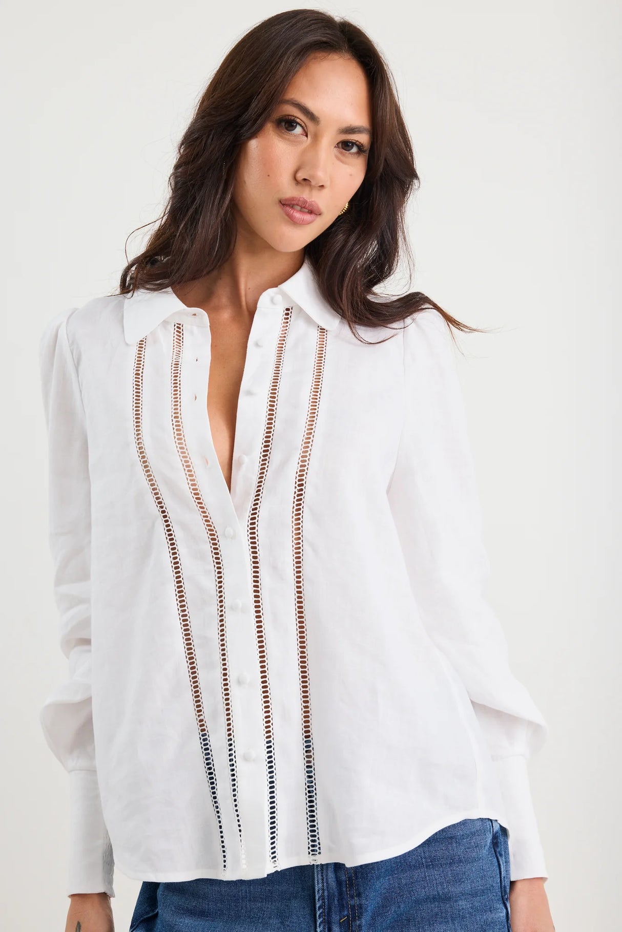By Rosa Ladies Zinnia White Ramie Lace Trim Long Sleeve Shirt