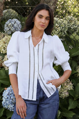 By Rosa Ladies Zinnia White Ramie Lace Trim Long Sleeve Shirt