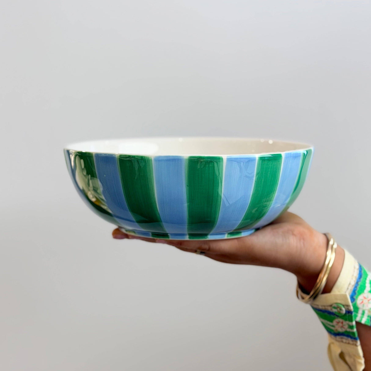 Noss and Co - Ceramic Salad Bowl | Green & Cornflower Blue Stripe