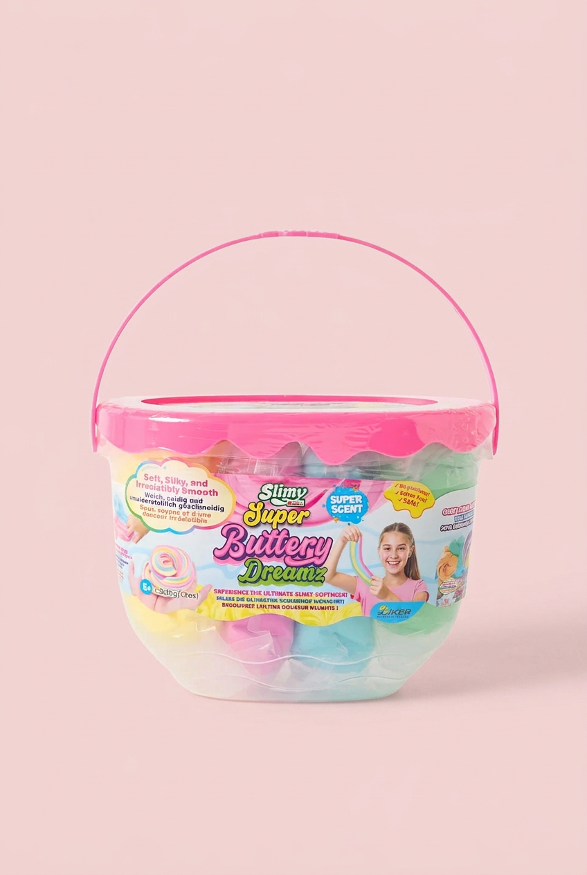 Slimy Super Buttery Dreamz pink bucket on a blush-pink background