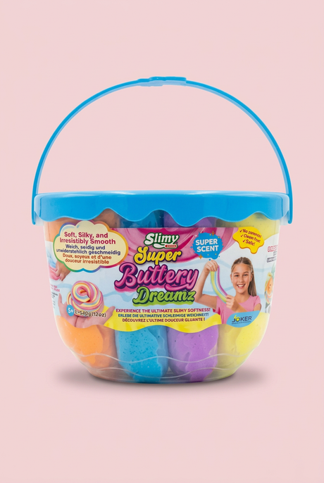 Slimy Super Buttery Dreamz blue bucket on a blush-pink background
