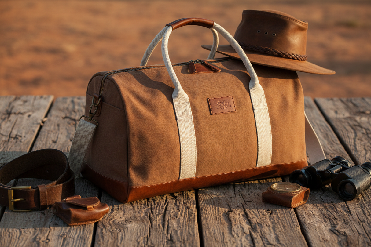 Pilbara Overnight Bag in brown with leather trims on rustic timber surface