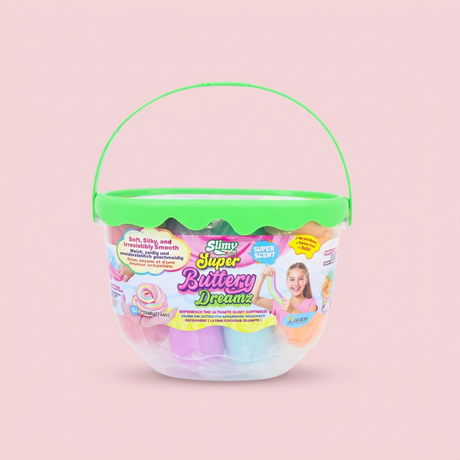 Slimy Super Buttery Dreamz green bucket on a blush-pink background