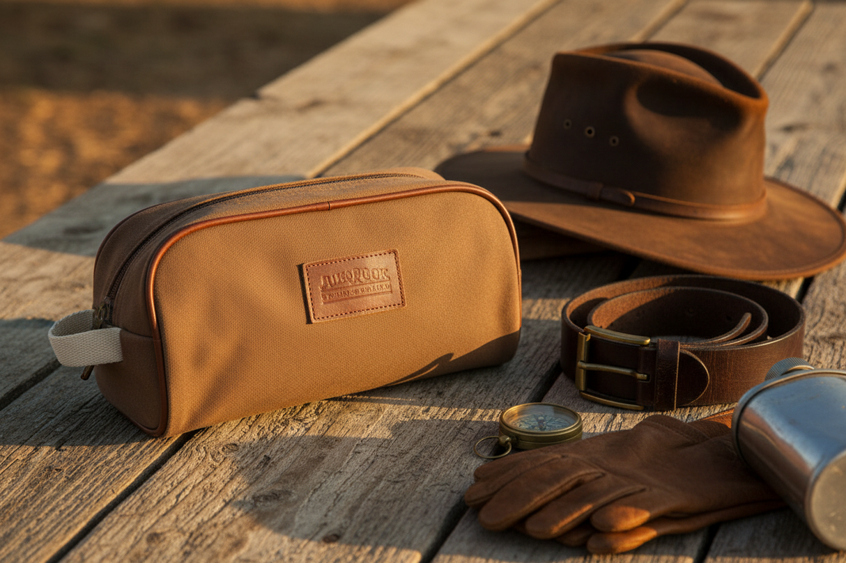 Pilbara Toiletry Bag in brown with leather trims on rustic timber surface