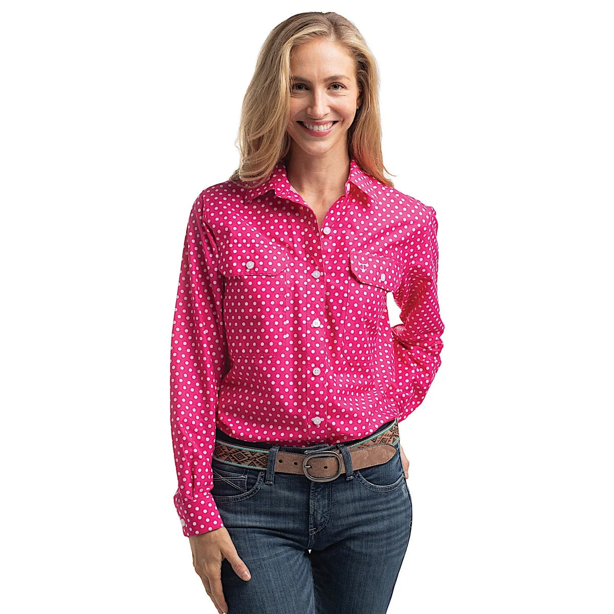 Just Country Women's Abbey Full Button Print Workshirt - Raspberry & White Polka Dots