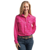 Just Country Women's Abbey Full Button Print Workshirt - Raspberry & White Polka Dots