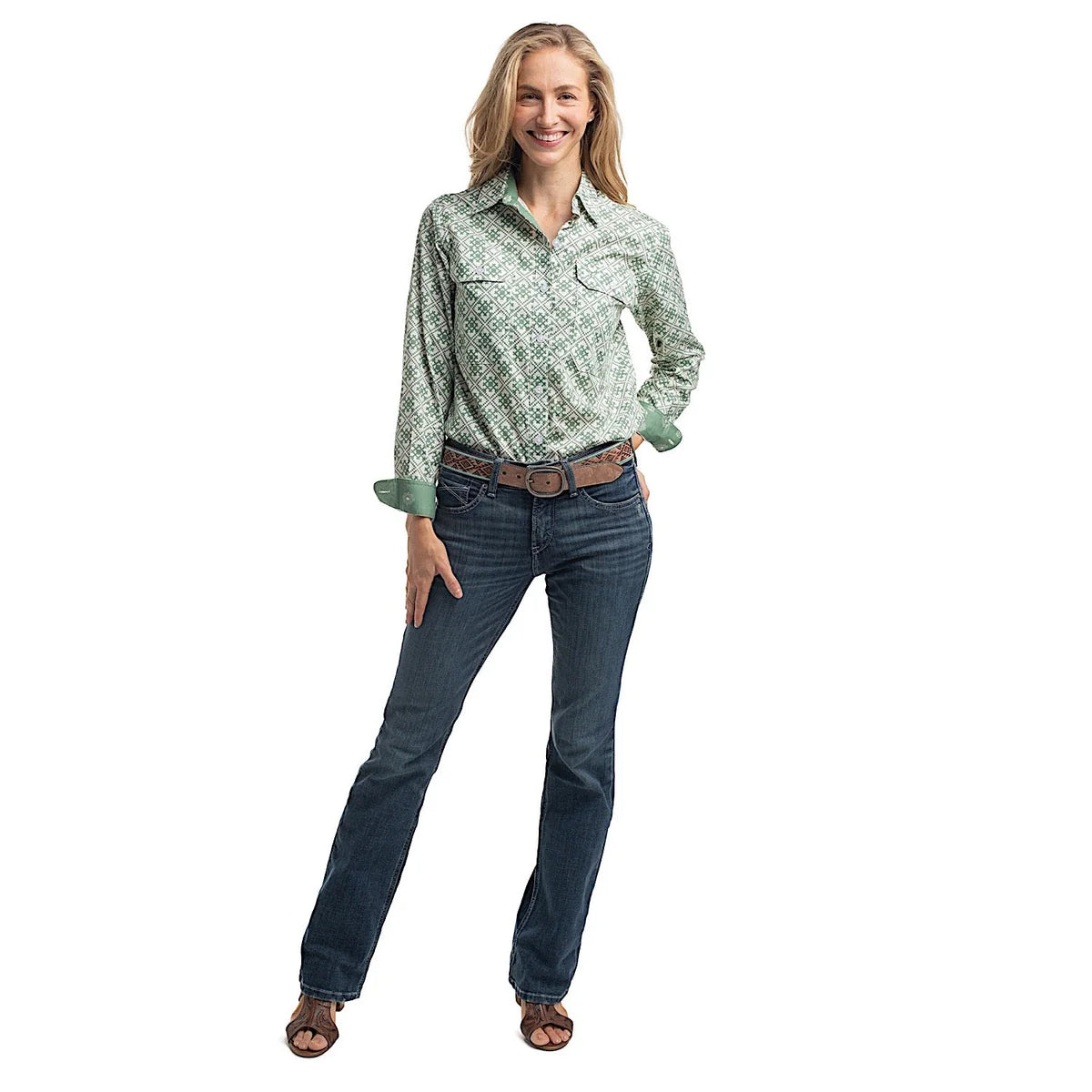 Just Country Women's Abbey Full Button Print Workshirt - White & Eucalyptus Tile