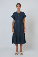 Naturals By O&j Button-through Linen Dress in Gunsmoke