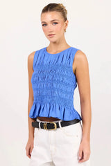 Among the Brave Impulsive Blue Linen Shirred Sleeveless Top