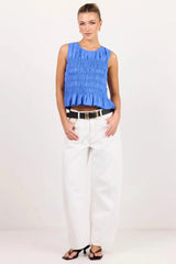 Among the Brave Impulsive Blue Linen Shirred Sleeveless Top