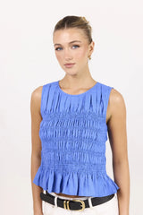 Among the Brave Impulsive Blue Linen Shirred Sleeveless Top