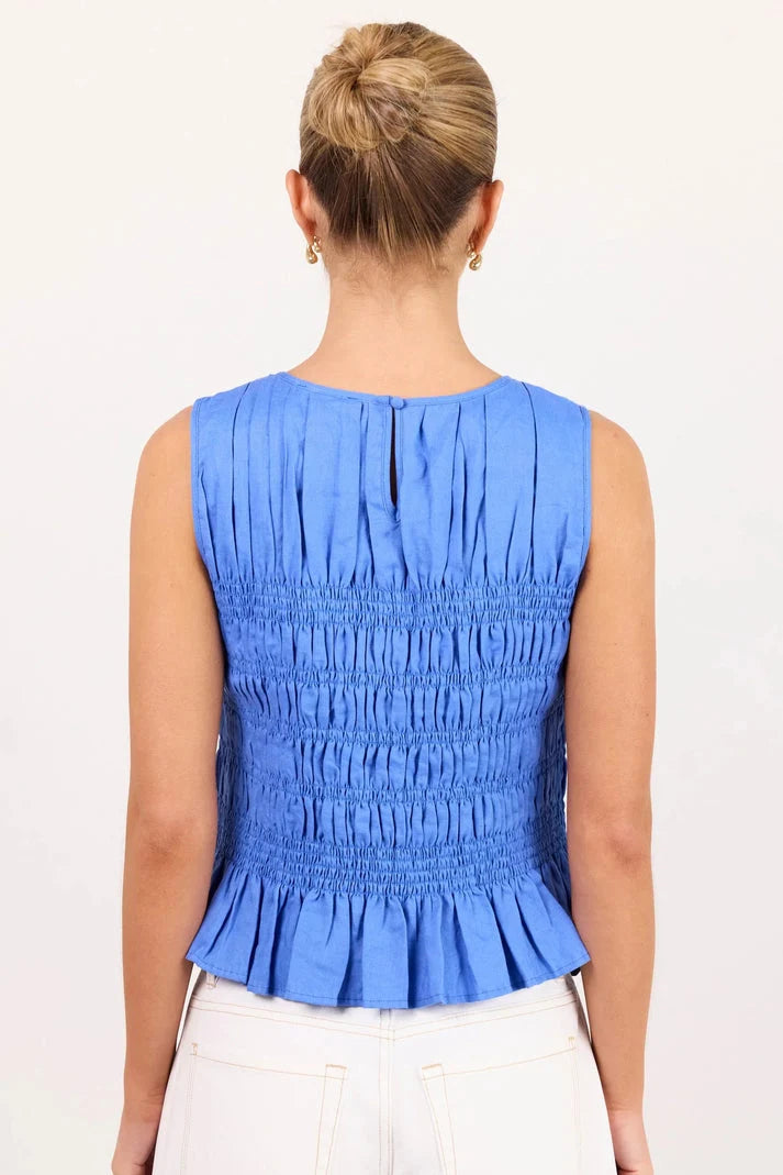 Among the Brave Impulsive Blue Linen Shirred Sleeveless Top