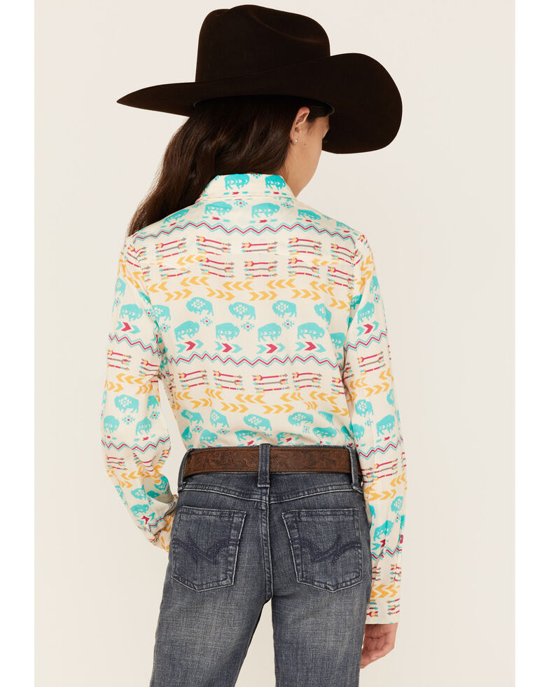 Roper Girls' Buffalo Southwestern Print Long Sleeve Snap Shirt