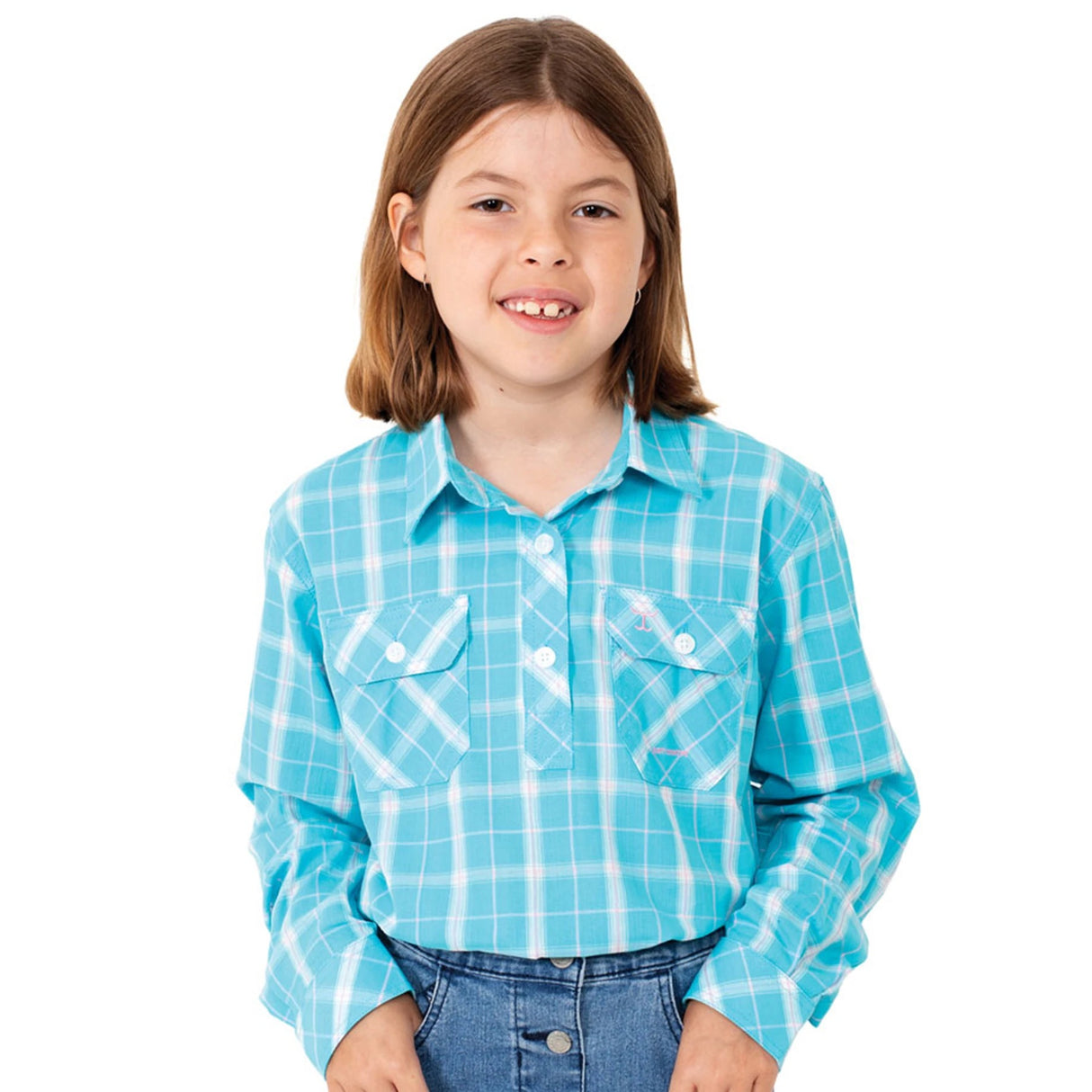 Just Country Girls Harper 1/2 button shirt-Aqua Plaid GWLS2183