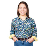Just Country Girls Harper Half Button Print Work Shirt (GWLS2113) Denim Blue/Butter Feathers