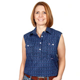 Just Country Ladies Lilly Sleeveless 1/2 button shirt-Navy Thistles WWNS2193