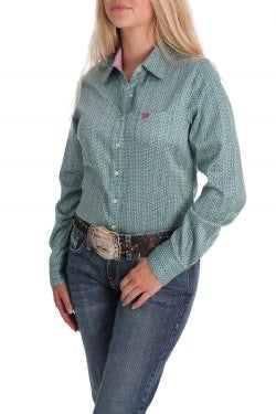 Cinch Ladies Green, White and Pink Tencel Shirt