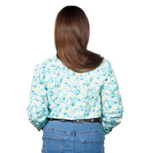 Just Country Girls Harper Half Button Print Work Shirt (GWLS2126) Aqua Gerbras