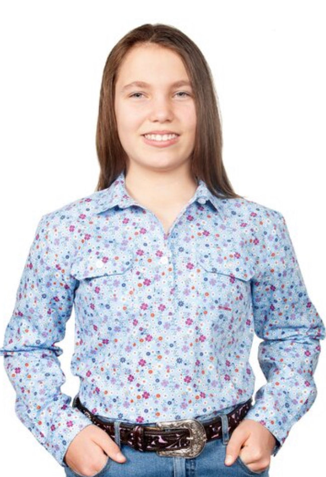 Just Country Girls Harper Half Button Print Work Shirt (GWLS2101) Light Blue Floral