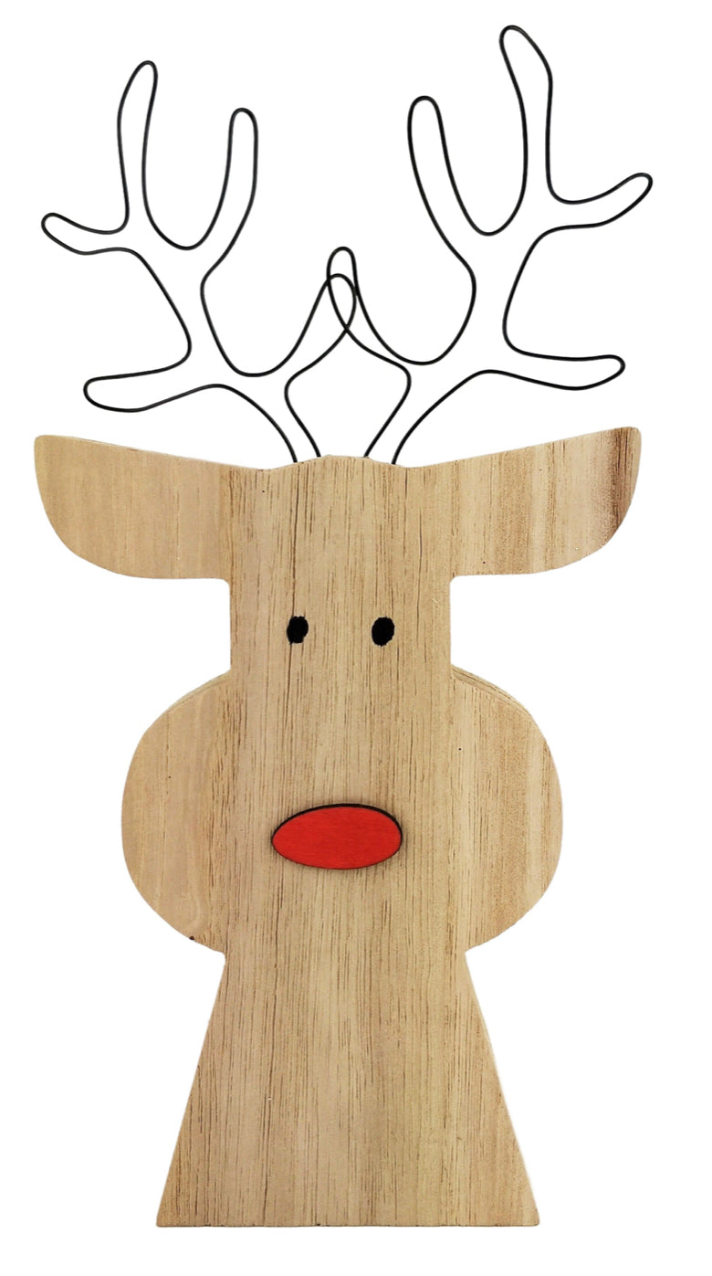 Wooden Reindeer With Red Nose Standing Decorations