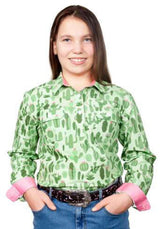 Just Country Girls Harper Half Button Print Work Shirt (GWLS2136) Lime/Rose Cactus