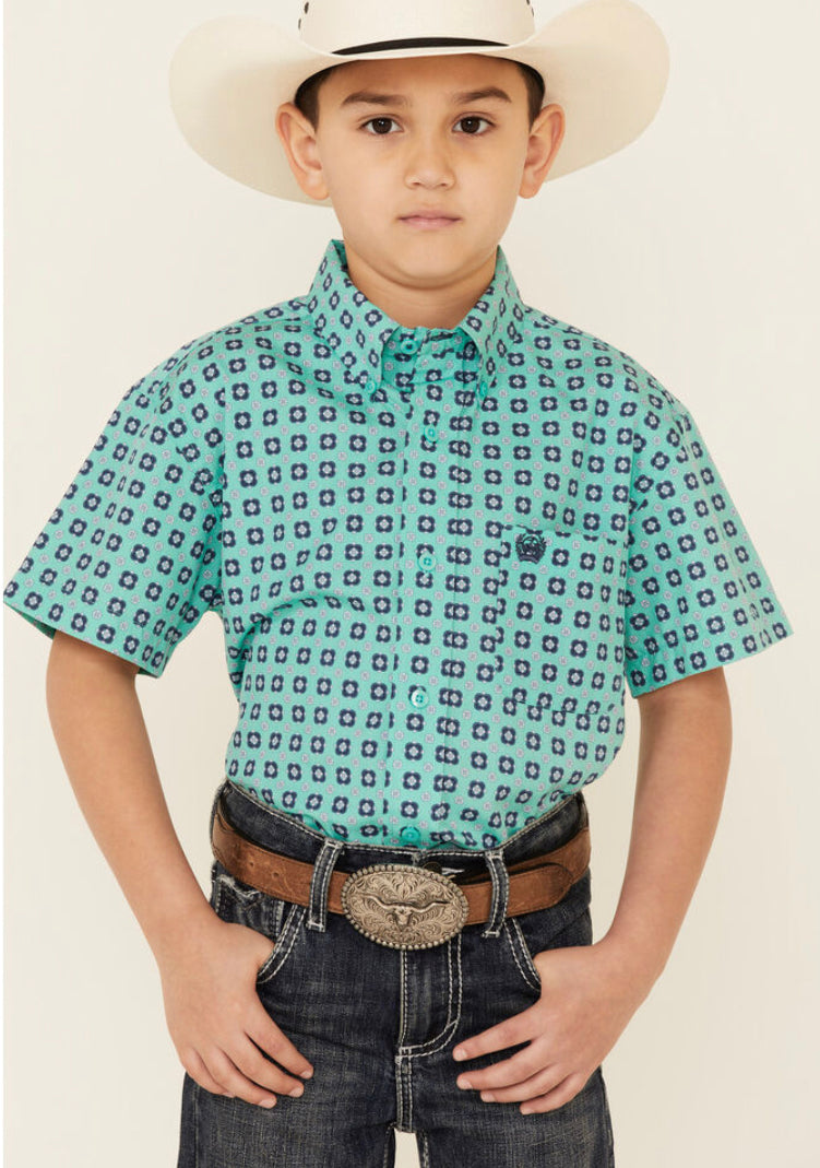 Cinch Boys Short Sleeved Turquoise and Navy Print Shirt