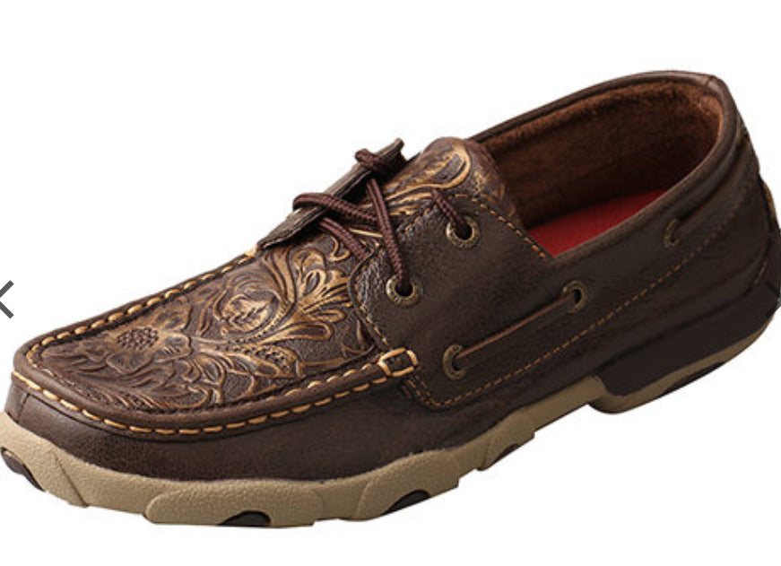 Twisted X Ladies Casual driving Mocs Low Brown Emboss Flowers